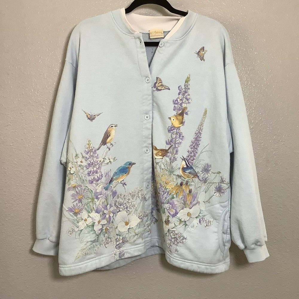Vintage Blue Cottagecore Butterfly Bird Granny Whimsical Fleece Cardigan XXL
